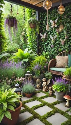 an outdoor area with plants and potted plants on the wall, in front of a bench