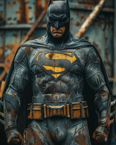 the batman is standing in front of an industrial area with rusted metal structures and yellow paint on his chest