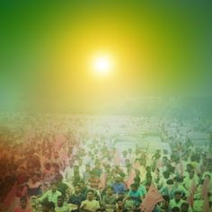 a large group of people standing in front of a green and yellow sky with the sun behind them