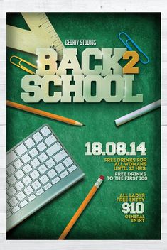 back to school flyer with keyboard, pencils and other items on the green background