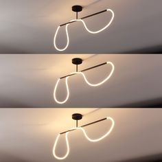 two pictures of the same light fixture in different stages of being suspended from the ceiling