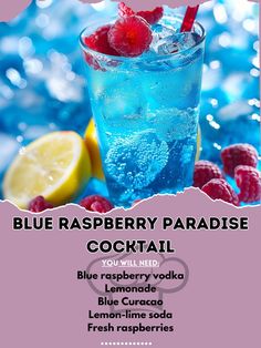 🌊🍹 Savor the flavor of Blue Raspberry Paradise! #TropicalDrinks #BlueRaspberry Blue Raspberry Paradise Cocktail Ingredients: Blue raspberry vodka (1.5 oz) Lemonade (1 oz) Blue Curacao (0.5 oz) Lemon-lime soda (1 oz) Fresh raspberries (for garnish) Ice (for serving) Instructions: In a shaker, combine blue raspberry vodka, lemonade, Blue Curacao, and ice. Shake well until chilled. Strain into a glass filled with ice. Top with lemon-lime soda and garnish with fresh raspberries. 🍹💙 Enjoy the ... Blue Raspberry Mixed Drinks, Blue Raspberry Svedka Recipes, Svedka Blue Raspberry Drinks, Blue Raspberry Vodka Drinks, Blue Cocktail Recipes, Raspberry Vodka Drinks, Drink Essentials, Paradise Cocktail