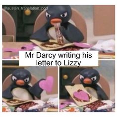 the penguin is writing his letter to lizy