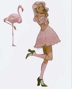 a pink flamingo standing next to a woman in a short dress and high heels