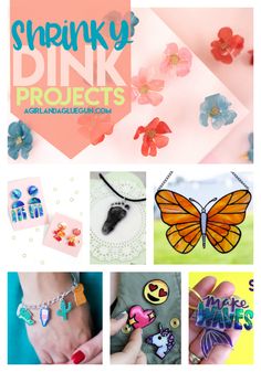 the cover of shrinky pink projects with images of butterflies, flowers and other items