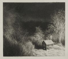 a black and white photo of a small house in the middle of a grassy field