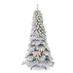 a white christmas tree with multicolored lights on it's top and bottom