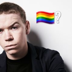 a man with a rainbow flag and question mark above him