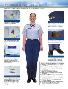 a woman in uniform is standing with her hands on her hips and there are instructions for how to wear the uniform