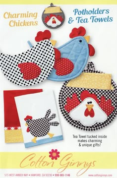 an advertisement for the chicken potholders and tea towels pattern book, featuring two roosters