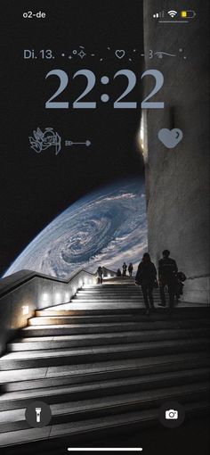 an image of stairs leading to the earth with people walking up them in front of it