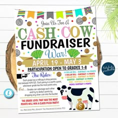 a poster with the words cash cow fundraiser and an image of a cow on it