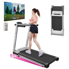 a woman is running on a treadmill with the tv in the back ground behind her