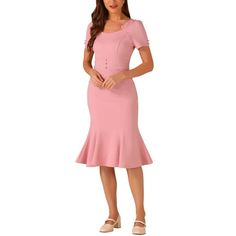 This elegant sheath dress is made up of several design points: fishtail hem, button decor, midi length, short sleeve, and hidden side zipper. Fishtail design with solid color offers a clean and polished look and gives people a fresh feeling when standing in the crowd. Midi length and high waist design can help modify your figure, and show your beautiful body curve. Paired with high heels, necklace, bag to create an elegant look, suitable for spring, summer, and autumn wear. Suit for spring/summe Formal Fishtail Midi Dress, Autumn Wear, Button Decor, Wear To Work Dress, Vintage Office, Body Curves, Fresh Feeling, Bodycon Midi Dress, Beautiful Body