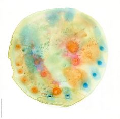 an abstract painting with blue, orange and yellow dots on it's surface in white background