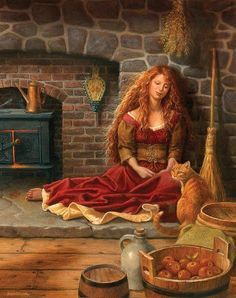 a painting of a woman sitting in front of a fire place next to a cat