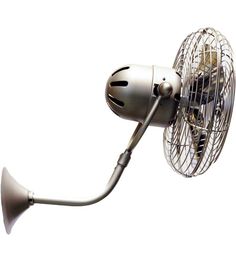 a white wall mounted fan on the side of a building with an antenna attached to it