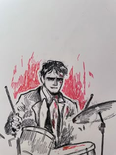 a drawing of a man playing drums in front of a drum set with red ink