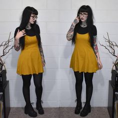 Adventurous yellow #outfittoday for lots of cute piercings & packing etsy orders! Y'all have kept me so busy over the last couple days and… Short Apple Shape Outfits, Outfit To Meet His Parents First Time, Outfits For 30 Year Old Women, Edgy Cute Outfits, Yellow Goth, Work Outfits Fashion, Work Outfits Ideas, Corporate Goth