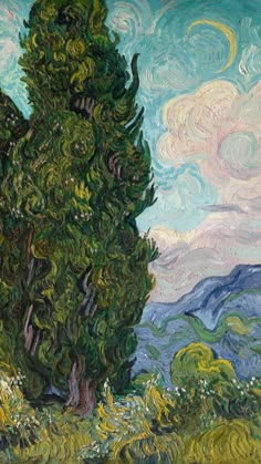 a painting of a tree in front of a cloudy sky