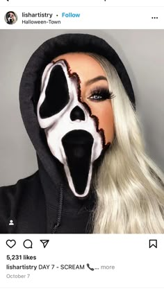 Scream Makeup, Cute Halloween Makeup Ideas, Creative Halloween Makeup Looks, Half Face Makeup, Creative Halloween Makeup, Terrifying Halloween, Halloween Trends, Creepy Halloween Makeup