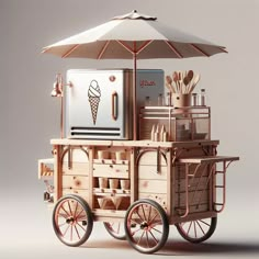 an ice cream cart is made out of wood and has an umbrella over the top