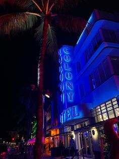 the neon sign for ocean city hotel lit up at night with palm tree in foreground