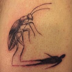 a close up of a person's arm with a bug on it and an arrow