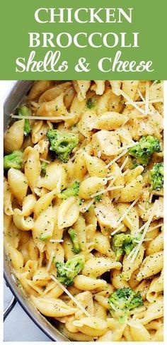 a pan filled with pasta and broccoli covered in parmesan cheese