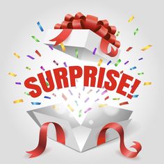 an open box with confetti and ribbon around it that says surprise on top