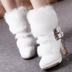 Material: fur oneMaterial: rubberHead shape: round headHeel shape: thick heelHeel height: high heel (6-8CM)Popular boots: Martin bootsPopular elements: rhinestonesFunction: waterproofHeight: middle tubeThickness: thickeningHow to wear: front tiePattern: solid colorSuitable season: winter White Knee-high Boots With Round Toe For Winter, Winter Platform Boots With Faux Fur Lining, Winter White High Ankle Boots, White Faux Fur Boots With Round Toe, Winter Party Knee-high Martin Boots, White Faux Fur Lined Boots For Fall, White High Ankle Boots For Winter, Winter High Heel Moto Boots, White Boots With Faux Fur Lining For Fall