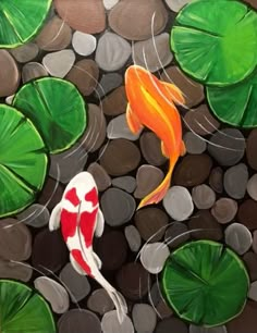 two orange and white koi fish swimming in some water with lily pads on the ground