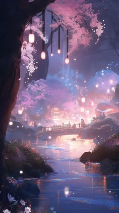 an anime scene with lanterns hanging from the trees and people walking on a bridge over a river