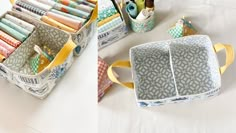 two pictures show different types of sewing supplies in storage containers and on the table are several rolls of fabric