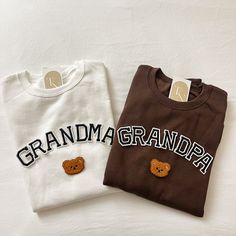 These Grandma and Grandpa crewneck sweatshirts are the perfect pregnancy announcement / baby announcements! - They need to be purchased individually (it's not sold as a set) - Our sweatshirt material is super soft and comfy! ♡ - All our sweatshirts run a unisex fit. (Both for men and women). They are naturally oversized, so we normally recommend your true size. But if you like a more baggy look, we recommend sizing up. - These letters are iron-on patched and is heat pressed, not embroidered. - P Family Matching White Sweatshirt With Letter Embroidery, Family Cotton Crew Neck Sweatshirt, White Family Matching Sweatshirt With Letter Embroidery, Grandma And Grandpa Shirts, Your Going To Be A Grandpa Announcement, Pregnancy Announcement To Dad Grandpa, Pregnancy Announcement To Grandma, Grandparents Pregnancy Announcement Gift, Grandpa Pregnancy Announcement