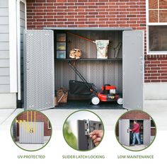 an open metal storage cabinet with three pictures showing the contents inside and outside, including a man pushing a lawn mower