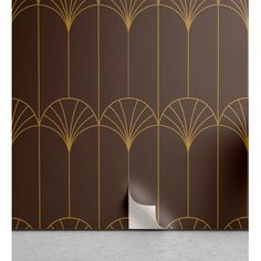 an art deco wallpaper design with gold lines and fan shaped shapes on brown background