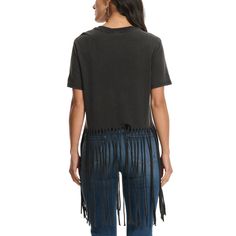 Rock & Roll Denim creates great t-shirts. Full of comfort and overflowing with style, this Rock & Roll Denim t-shirt is classic black       with a splash of color and a long fringe hem. Fringe Tshirt, Workwear Overalls, Buckaroo Boots, Cowboy Boots Square Toe, Ostrich Boots, Work Coat, Denim T Shirt, Long Fringe, Long Fringes