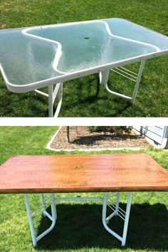 an old table turned into a modern outdoor dining table