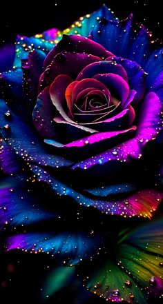 a colorful rose with water droplets on it's petals is shown in the dark