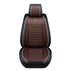 a brown and black car seat with white stitching on the front, side and back