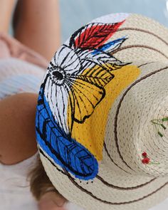 This handpainted hat is perfect for hot summer weather or for a cute beach dress. Block the sun out in style!  Size is s/m but can be adjusted. The hat can get wet but not soaked. Fun Short Brim Sun Hat For Summer, Multicolor Flat Brim Fedora For Summer, Multicolor Wide Brim Summer Fedora, Summer Fedora With Multicolor Flat Brim, Multicolor Summer Fedora With Curved Brim, Summer Multicolor Fedora With Curved Brim, Fun Short Brim Straw Hat For Summer, Multicolor Summer Fedora With Short Brim, Tropical Short Brim Hats For Summer