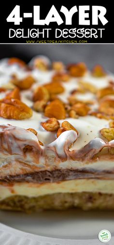 the dessert is topped with nuts and white icing on it's crusts