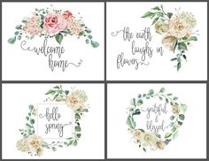 four watercolor floral cards with the words welcome home