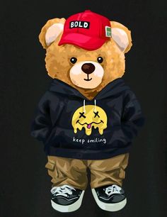 a brown teddy bear wearing a red hat and black shirt with yellow smiley face on it