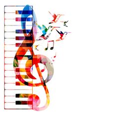 colorful musical notes with birds flying over them