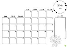 the printable calendar is shown with hearts and leaves in black ink on a white background