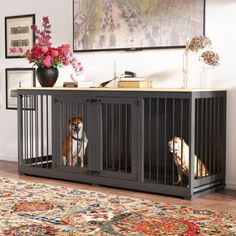 two dogs are sitting in their kennels on the floor next to a rug