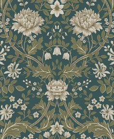 an ornate wallpaper with flowers and leaves on green background, suitable for use in interior or exterior design