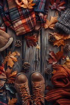 someone's feet in boots and plaid blanket with autumn leaves